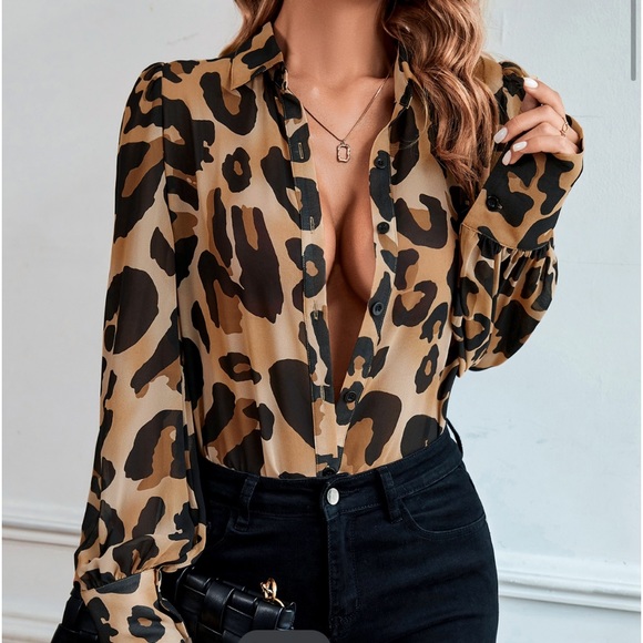 Leopard Print Sheer Button Down Up Shirt Top Blouse - Picture 1 of 7